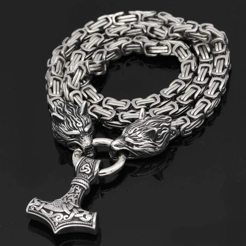 Miniatura 4 de GuoShuang Wolf Head with Thor Mjolnir Pendant Necklace Stainless Steel - King Chain