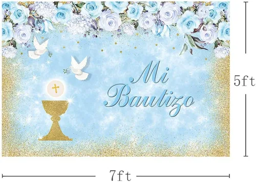 Miniatura 3 de AIBIIN Mi Bautizo - Telón de fondo para niño, cartel de bautizo de palomas de cáliz dorado, fondo para fotografía de bautizo, floral azul, primera