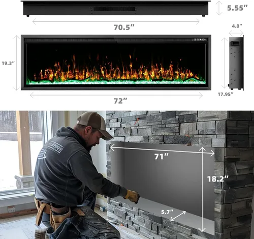 Miniatura 7 de BREEZEHEAT - Chimenea eléctrica de 183 cm para empotrar y colocar en la pared, chimenea lineal, calentador de 750/1500 W con control de temperatura