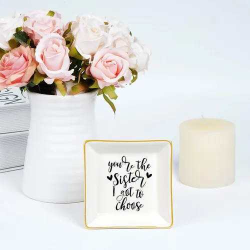 Miniatura 4 de Regalos para la mejor hermana para mujeres, plato de cerámica para anillos con texto en inglés "You Are the Sister I Got to Choice", bandeja