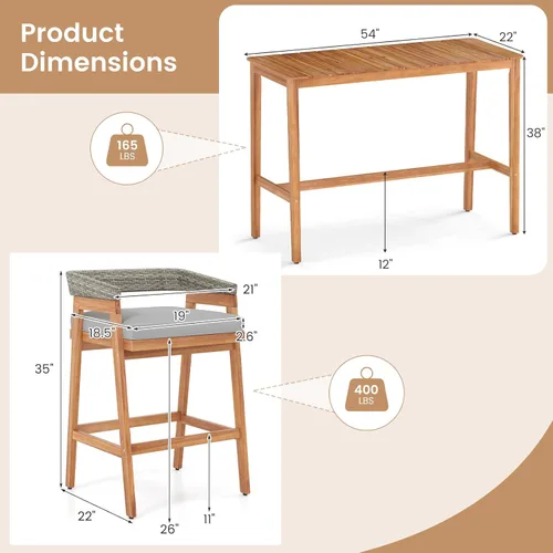 Miniatura 9 de Tangkula Juego de barra de patio de 5 piezas, mesa de madera de acacia para exteriores con 4 taburetes acolchados con respaldo de ratán curvado