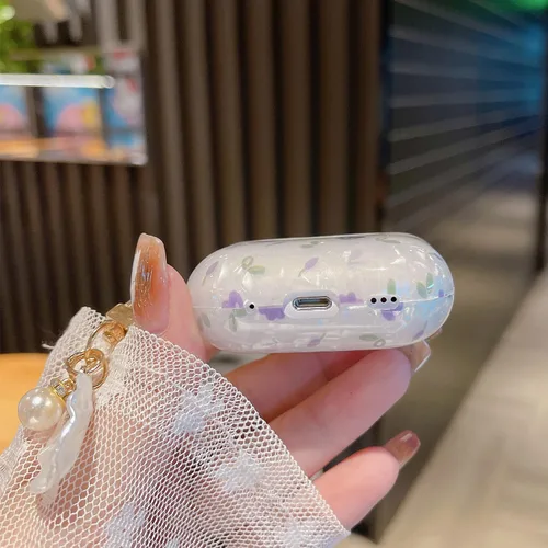 Miniatura 8 de Linda funda Airpod Pro 2 con perla de concha y llavero floral de mármol, funda protectora dura de TPU para AirPods Pro de 2ª generación para mujeres
