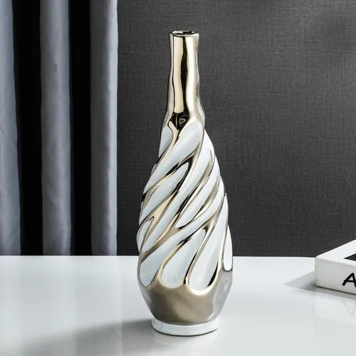 Yundu Jarrones de cerámica blancos con plata para flores, decoración de sala de estar, decoración de mesa auxiliar, moderno jarrón de cerámica para