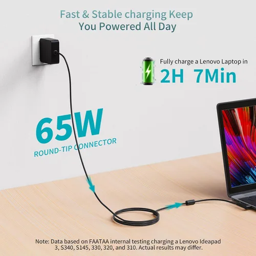 Miniatura 2 de Cargador para portátil Lenovo de 65 W, cable de alimentación alargado, adaptador de CA de punta redonda compatible con IdeaPad 1/3/5, Slim 3/5/7