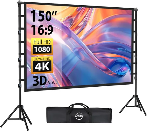 Pantalla de proyector para exteriores con soporte: LEORFI Pantalla de proyector de 150 pulgadas portátil, pantalla de proyección interior y soporte,