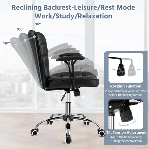 Miniatura 7 de Yaheetech Silla de escritorio de piel sintética con respaldo medio, ajustable, inclinable, moderna, tapizada, con reposabrazos acolchados Blanco