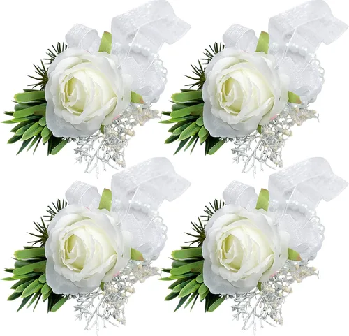 Miniatura 10 de ChezMax Ramillete artificial de flores hechas a mano con clip y cinta, 4 unidades para novia, novio, boda, fiesta de graduación