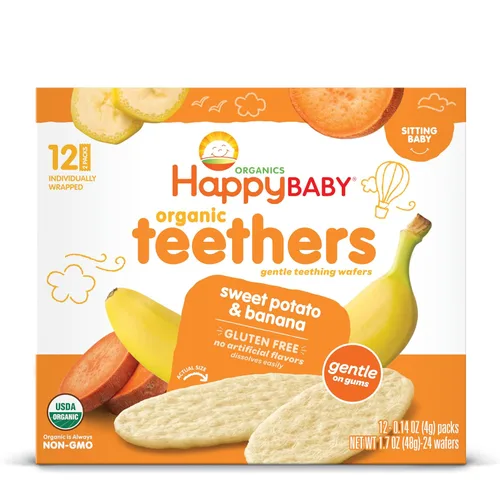 Miniatura 10 de Happy Baby Diente suave Detectores orgánicos de dentición orgánica Banana Sweet Potato, 12 Caja de conteo (paquete de 6) galletas de arroz calmantes