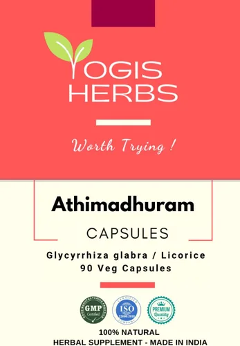 YOGIS HERBS Cápsulas de Athimadhuram (Glycyrrhiza glabra/Mulhathi/Yashtimadhu/Raíz de regaliz) – 90 cápsulas vegetales