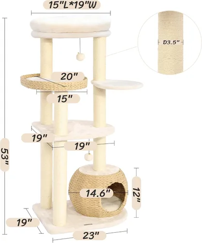 Miniatura 6 de KAMABOKO Árbol Moderno para Gatos, 53" de Alto, Árboles para Gatos de Interior con Postes Rascadores de Sisal Natural, Condominio Tejido a Mano