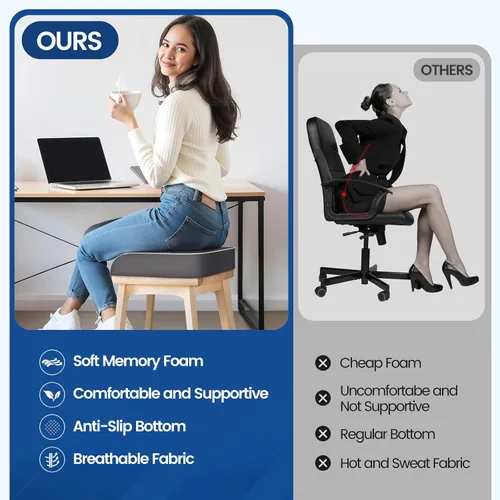 Miniatura 5 de SweetSlubr Cojín de asiento para aliviar el dolor de coxis, cojín para silla de oficina, cojín de espuma viscoelástica grande con funda Gris