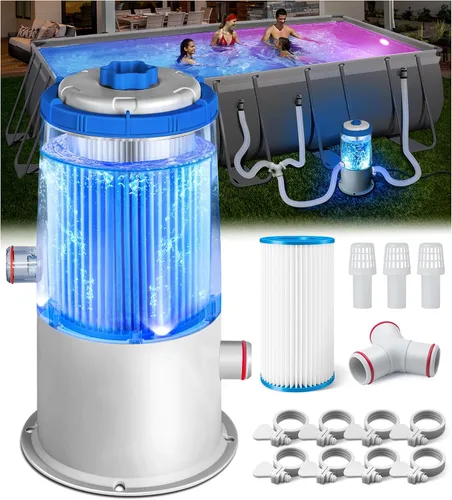 KimFilter Bomba de filtro de piscina brillante de 1000 GPH sobre el suelo con luz LED azul incorporada | Potente sistema de bomba de filtro de