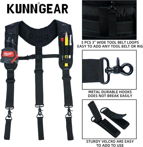 Miniatura 2 de KUNN Tirantes para cinturón de herramientas, 3 puntos acolchados de alta resistencia, bolsa de trabajo de construcción para hombres con trabillas