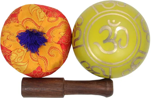 Miniatura 3 de DharmaObjects - cuenco para cantar el Om de la paz, para meditación relajante de yoga. Juego de almohadilla de seda, juego de martillo de Amarillo