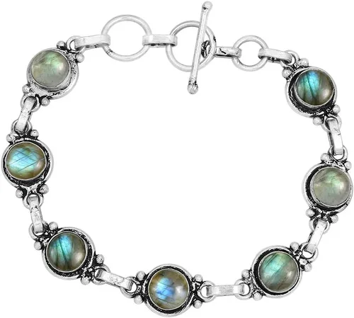 Miniatura 43 de Round Shape Natural & Synthetic Gemstones Silver Plated Bracelets for Women - Vintage Bohemian Style Handmade Birthstone Adjustable Link Bracelet