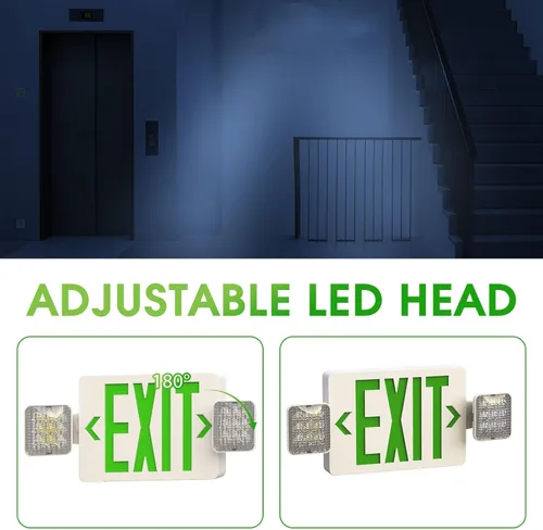 Miniatura 3 de Luz de emergencia LED verde Combo señal de salida con batería de respaldo, dos lámparas LED ajustables, 120V/277V de doble voltaje, resistente al