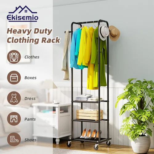Miniatura 4 de Ekisemio Perchero de ropa resistente con ruedas, moderno perchero con 3 estantes de metal, color negro