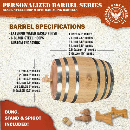 Miniatura 5 de Barril de roble personalizado de 5 galones para la elaboración de vino (20 litros) con soporte de madera, Bung y espita - Barril de vino de roble
