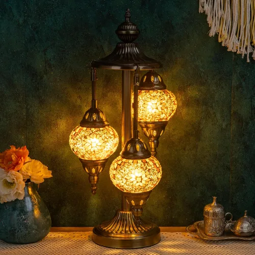 Miniatura 8 de Marrakech Lámpara turca de mesa marroquí de 3 globos con base de bronce, 23 pulgadas de alto, hecha a mano, colorido, mosaico Tiffany, lámpara