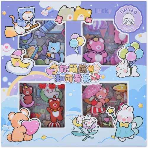 Miniatura 13 de Adhesivos de osos de dibujos animados kawaii lindos - 100 hojas, conejo transparente, suministros de PET para diario, calcomanías para calendario