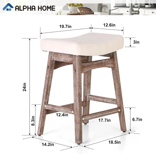 Miniatura 2 de ALPHA HOME Taburete de bar, taburete de cocina de silla de montar de madera maciza con cojín de tela de lino beige, taburete de bar de altura