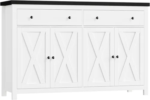 FOTOSOK Aparador Buffet con Almacenamiento, Gabinete de Almacenamiento de Cocina Grande de 55" con 2 Cajones y 4 Puertas, Gabinetes de Barra de Café