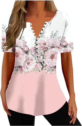 Miniatura 60 de Summer Shirts for Women 2025 Plus Size Short Sleeve Henley Tops Marble Floral Loose Tshirt Tee Casual Dressy Tunics