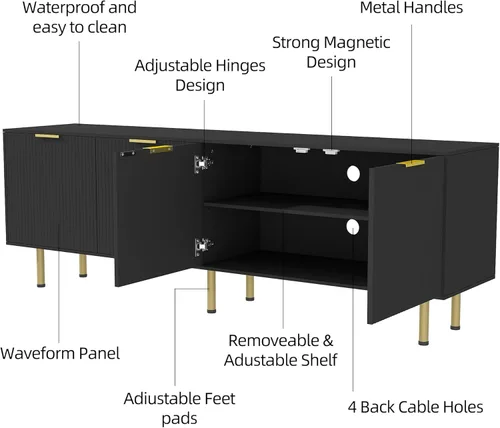 Miniatura 5 de Soporte de TV negro para televisores de hasta 80 pulgadas, consola de TV moderna de mediados de siglo, soportes de TV para sala de estar