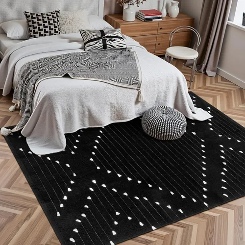 Miniatura 4 de LIVEBOX - Alfombra boho negra de 5 x 7 pies, grande y lavable para sala de estar, alfombra de algodón marroquí para dormitorio, interior y exterior