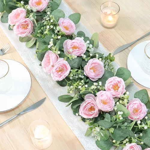 Miniatura 7 de TOCHGREEN Paquete de 2 Guirnaldas de Flores de Eucalipto Artificial de 13 Pies con Rosas Rosadas, Guirnalda de Flores de Rosa Falsa Vegetación