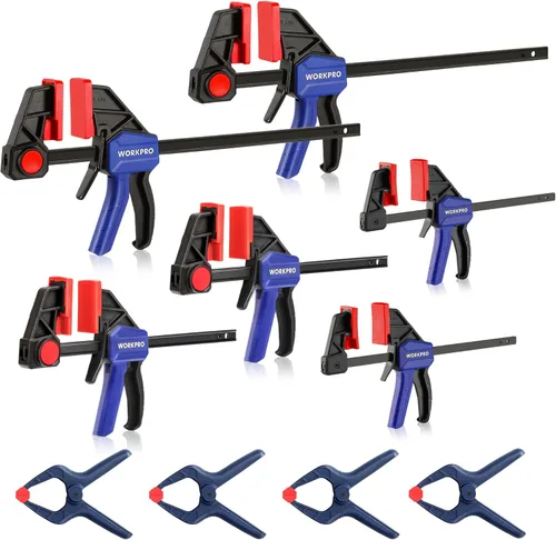 Miniatura 11 de WORKPRO Juego de 8 abrazaderas para carpintería, paquete de 4 abrazaderas de mini barra de 4-1/2 pulgadas y 4 abrazaderas de resorte, Azul