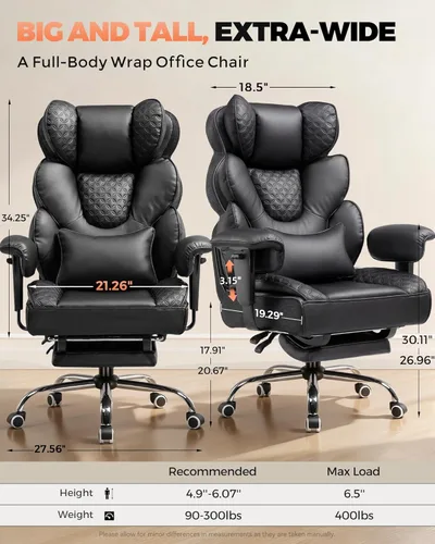Miniatura 3 de COMHOMA Silla de oficina grande y alta con reposapiés mejorado, silla ejecutiva de respaldo alto resistente con soporte lumbar de resorte para Negro