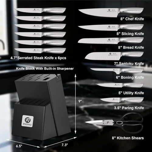 Miniatura 2 de imarku - Juego de 15 piezas de cuchillos con bloque, cuchillos de cocina de acero inoxidable de alto carbono con afilador incorporado, apto
