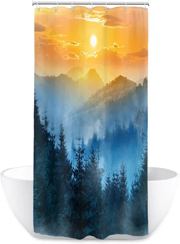 Miniatura 7 de Riyidecor Cortina de ducha pequeña con diseño de bosque de montaña, 36 pulgadas de ancho x 72 pulgadas de alto, color azul marino, bosque brumoso