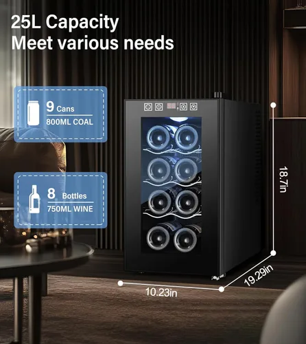 Miniatura 3 de Mini enfriador de vino de 8 botellas, refrigerador de bebidas con enfriamiento rápido, gabinete de vino termoeléctrico bodega para mujeres, hombres
