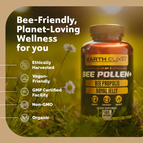 Miniatura 5 de Earth Elixir Cápsula orgánica de polen de abeja 3 en 1, sin OMG, polen de abeja puro crudo, jalea real, extracto de propóleo para mujeres y hombres