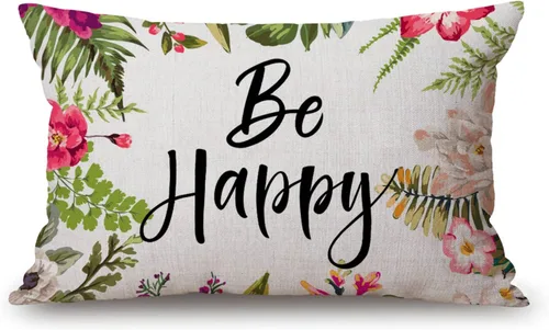 Fundas de almohada de 12 x 20 pulgadas, decoración rústica de granja, sé feliz, fundas de almohada de algodón y lino, citas inspiracionales con Jcp20