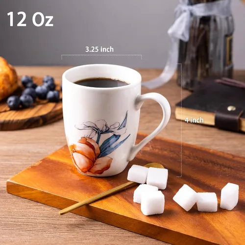 Miniatura 2 de GBhome Juego de 6 tazas de café de 12 onzas, tazas de café de cerámica con flores adhesivas para hombre, mujer, mamá, papá, juego de tazas de café