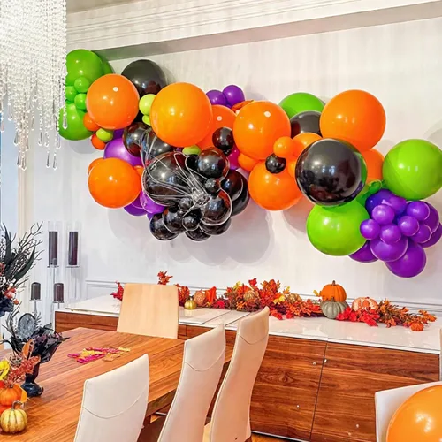 Miniatura 4 de 50 globos de Halloween, globos de 12 pulgadas, globos morados negros y anaranjados de 12 pulgadas, globos de confeti de murciélago, globos de látex