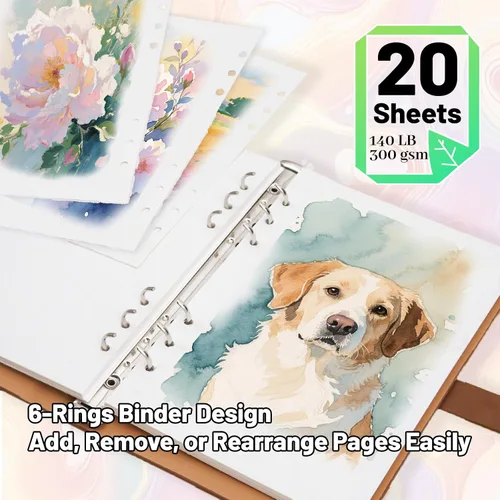 Miniatura 4 de Cuaderno de bocetos profesional de acuarela con carpeta de 6 anillas, 20 hojas de papel de prensa en frío 100% algodón 100% algodón sin ácidos, 9.25