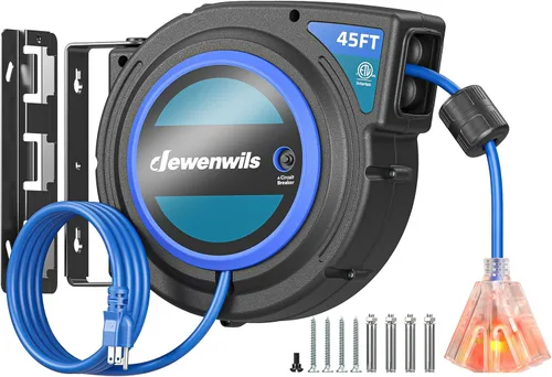 Miniatura 11 de DEWENWILS Carrete de cable de extensión retráctil, cable de alimentación resistente de 40 pies, 12 AWG/3 C SJTOW, 3 tomas de tierra iluminadas