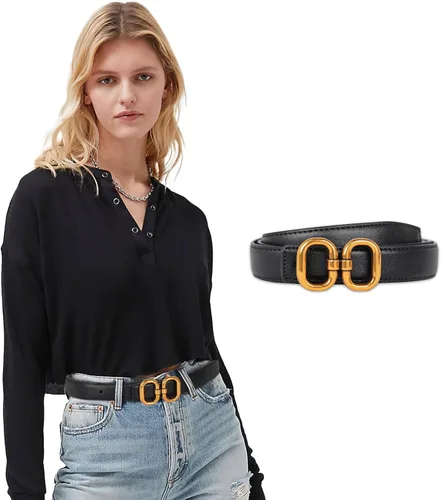 Miniatura 336 de Cinturón de cuero clásico con hebilla de metal para mujer con vestido de jeans
