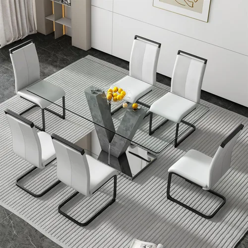 Miniatura 22 de Juego de mesa de comedor de vidrio de 71 pulgadas para 6, juego de mesa de comedor para 6, mesa de cocina moderna y 6 sillas de PU, parte superior 6