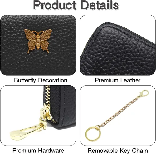 Miniatura 8 de imeetu Portatarjetas de crédito RFID para mujer, pequeña cartera de cuero con cremallera con llavero extraíble, Gris topo, S, Cartera para tarjetas
