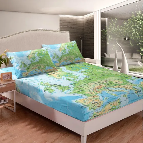 Miniatura 2 de Erosebridal - Juego de sábanas con mapa mundial tamaño TwinXL, juego de ropa de cama azul para niños y niñas, sábana bajera con mapa de varios