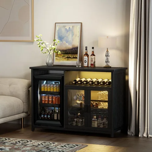Miniatura 7 de Gabinete de barra de vino con espacio para mini refrigerador, gabinete de barra de café negro y gabinete de licores con estante de almacenamiento