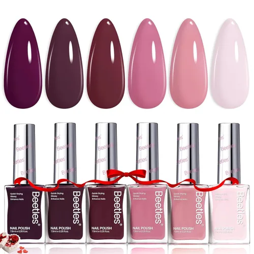 Miniatura 14 de Beetles - Esmalte de uñas rojo: juego de 6 esmaltes de uñas con brillantina, color rojo burdeos brillante, de secado rápido y de larga duración