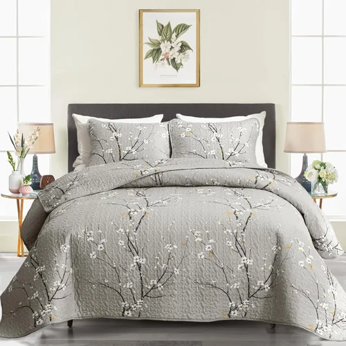 Miniatura 13 de Juego de edredón reversible de 3 piezas, cuadriculado blanco y gris, tamaño king 102 x 88 pulgadas, suave microfibra ligera, colcha de verano