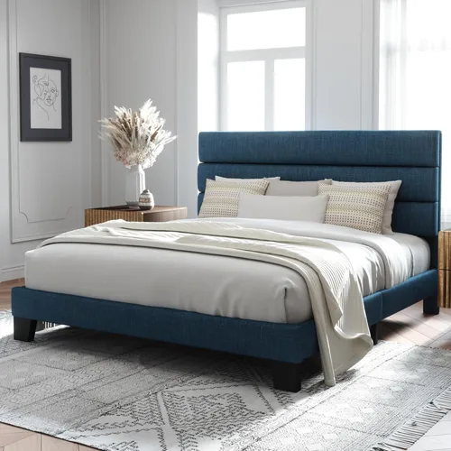 Miniatura 3 de Allewie - Base de cama tamaño King con cabecera tapizada en tela y soporte de listones de madera; base de colchón completamente tapizada; no Azul