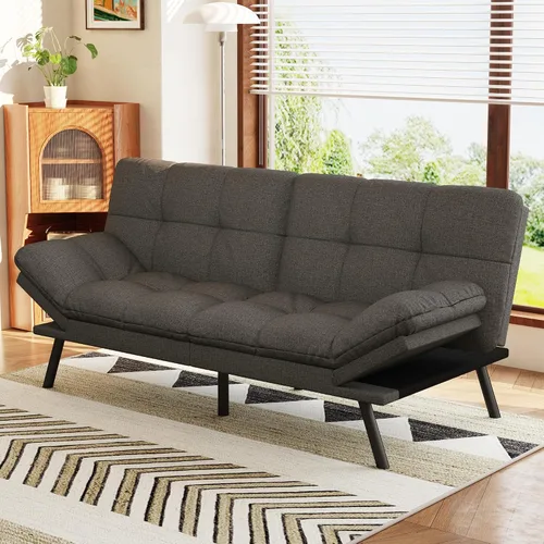 Miniatura 16 de Opoiar Sofá cama futón covertible de 71 pulgadas de largo, sofá futón de piel sintética, sofá biplaza moderno de espuma viscoelástica, sofá pequeño